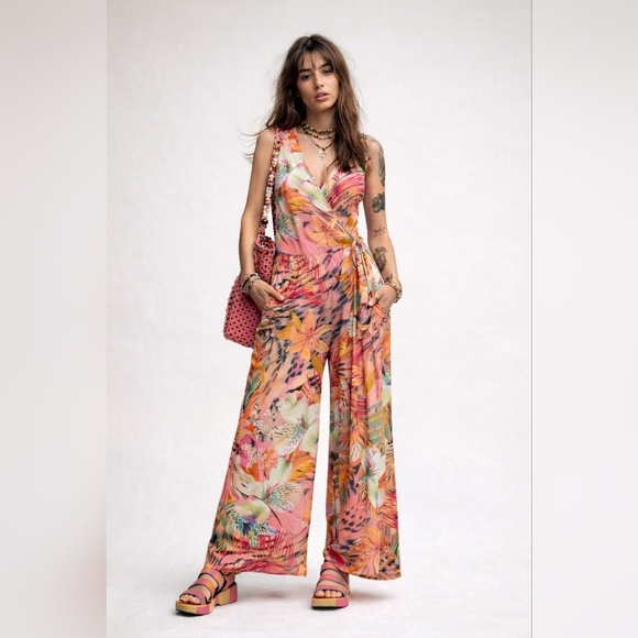 Desigual Pants - Desigual Tropical Floral Viscose Linen Jumpsuit NWT Size M Wide Leg Draped Artsy